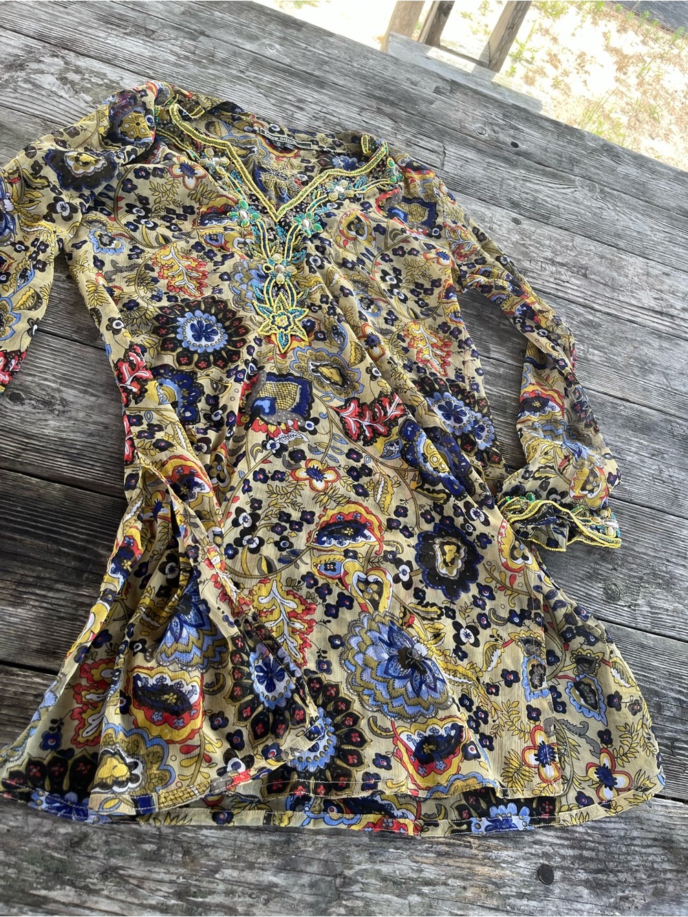 Bohemian Floral Print Tunic Dress in Mustard Paisly all beads around 100% silk s